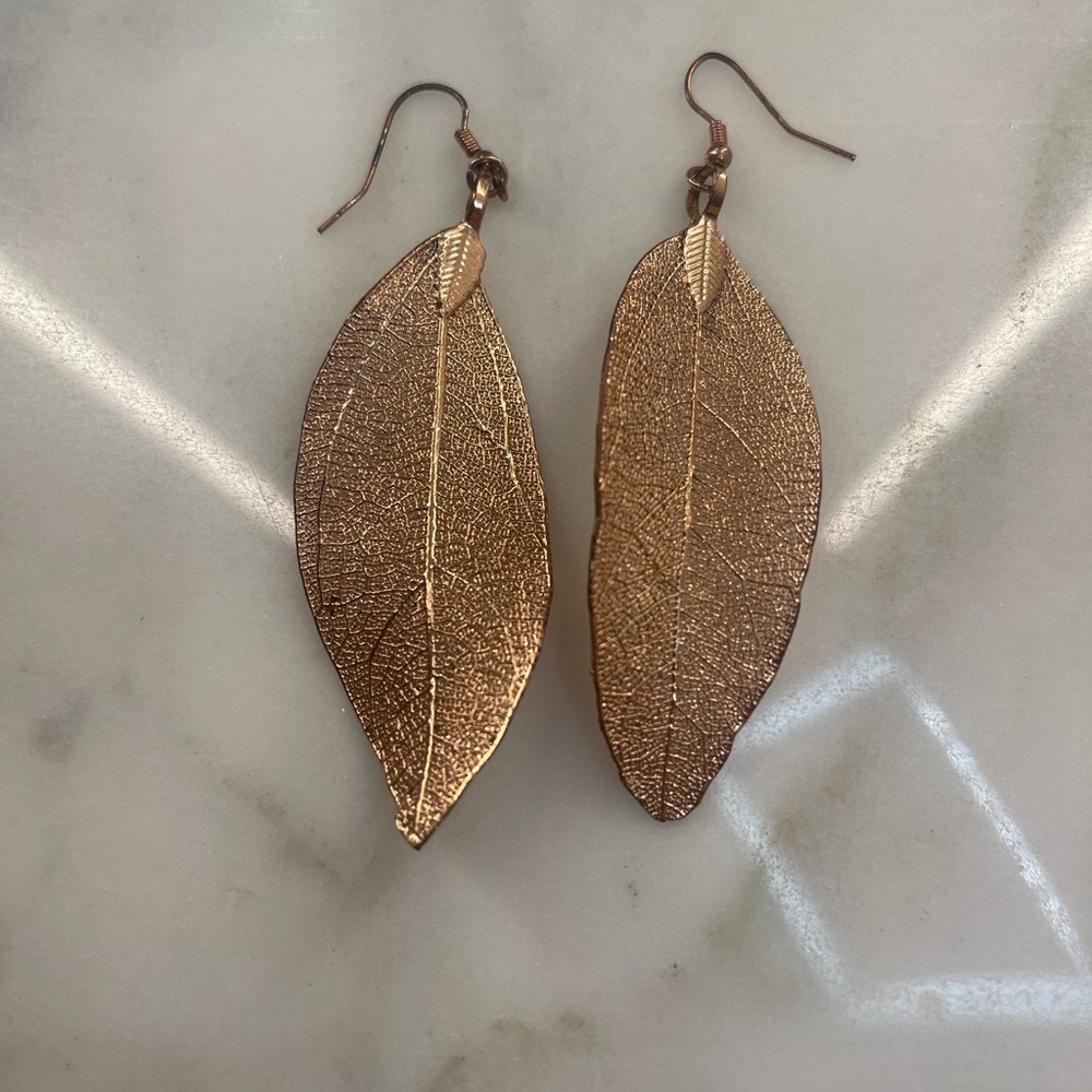 Rose gold hanging leaf earrings